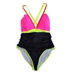 Popvil One Piece Swimsuit Neon Pink Black Ruched Colorblock XL New